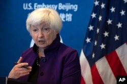 Treasury Secretary Janet Yellen speaks during a press conference at the US Embassy in Beijing, July 9, 2023.