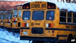 FILE - Snow-covered school buses sit in a parking lot in Wheeling, Illinois, Jan. 16, 2024.