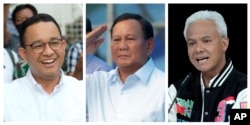 FILE - Foto kombo capres Indonesia, dari kiri, Anies Baswedan, Prabowo Subianto, dan Ganjar Pranowo. (AP)