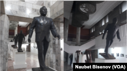 The combined image shows artist Yerbosyn Meldibekov’s installation depicting the fall of Nursultan Nazarbayev’s statue in Taldykorgan during the January 2022 events.