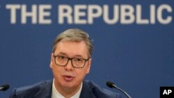 FILE - Serbian President Aleksandar Vucic speaks during a public address in Belgrade, Friday, Feb. 2, 2024. Serbia on Feb. 25, 2024, sent a protest note to Croatia over a statement made by Croatia's foreign minister. 