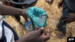Un orpailleur illégal, utilise du mercure lors du lavage du sable collecté dans le lit de la rivière pour trouver l'or.