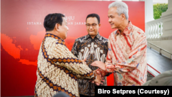 Pemilu 2024 akan menampilkan tiga kandidat, yaitu Menteri Pertahanan dan mantan komandan pasukan khusus Prabowo Subianto melawan mantan Gubernur Jawa Tengah Ganjar Pranowo dan mantan Gubernur DKI Jakarta Anies Baswedan. (Foto: Courtesy/Biro Setpres)