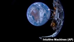 This image provided by Intuitive Machines shows its Odysseus lunar lander with the Earth in the background, Feb. 16, 2024. 