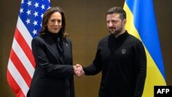 Američka potpredsjednica Kamala Haris rukuje se s ukrajinskim predsjednikom Volodimirom Zelenskim tokom sastanka na marginama Samita o miru u Ukrajini, u luksuznom odmaralištu Burgenstock, u blizini Lucernea, 15. juna 2024.