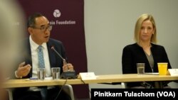 Thai ambassador to the US Tanee Saengrat (left) and Melissa Brown, Deputy Assistant Secretary for Southeast Asia at the State Department (right), discuss during a seminar "US - Thailand relations at 190 Years: Past, Present, Future" organized by the Asia Foundation and the Royal Thai Embassy on March 20, 2023