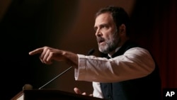 FILE - Indian politician Rahul Gandhi speaks at the Javits Center, June 4, 2023, in New York.