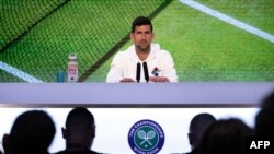 Serbia's Novak Djokovic speaks during a press conference ahead of of the 2023 Wimbledon Championships at The All England Tennis Club in Wimbledon, southwest London, July 1, 2023. 