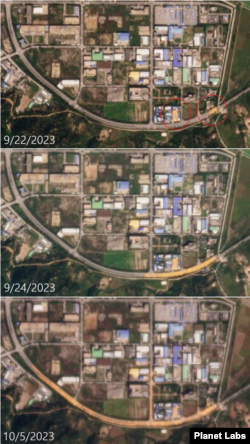 개성공단에서 포착된 변화. 9월 22일 일부 지대에서 포착된 노란색 물체(원 안)는 시간이 흐를 수록 그 면적이 넓어진다. 사진=Planet Labs