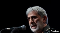 Brigadir Jenderal Esmail Qaani, komanda pasukan elit Quds, berbicara dalam sebuah upacara di Teheran, Iran, pada 14 April 2022. (Foto: Majid Asgaripour/West Asia News Agency via Reuters)