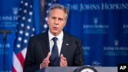 토니 블링컨 미국 국무장관이 13일 존스홉킨스 국제관계대학원에서 강연했다.