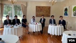 “台美国会议员联谊会”代表团在华盛顿双橡园举行记者会。(2023年7月14日，美国之音锺辰芳拍摄）