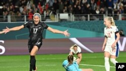 New Zealand's Hannah Wilkinson celebrates after scoring the opening goal during the Women's World Cup soccer match between New Zealand and Norway in Auckland, July 20, 2023. 
