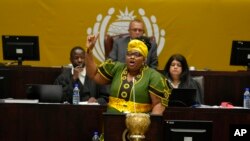Pemmy Majodina, chief whip of the ruling African National Congress, addresses members of parliament in Cape Town, South Africa, Nov. 21, 2023. 
