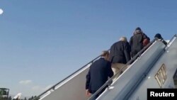 Released U.S. prisoners board a plane from Tehran, Iran to Doha, Qatar, Sept. 18, 2023.