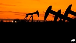 FILE - Oil Pump jacks work at dusk near Barnes City, Texas, Nov. 1, 2023. Major fossil fuel-producing countries still plan to extract more than double the amount of fossil fuels in 2030.