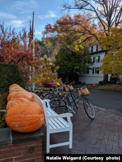 FILE - A street scene in Woodstock, Vermont during autumn