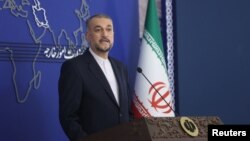 FILE - Iranian Foreign Minister Hossein Amirabdollahian speaks during a press conference in Tehran, Oct. 23, 2023. Amirabdollahian is currently on a visit to Oman. (Majid Asgaripour/WANA via Reuters)