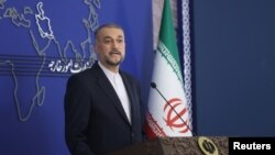 FILE - Iranian Foreign Minister Hossein Amirabdollahian speaks during a press conference after the second 3+3 Regional platform summit in Tehran, Oct. 23, 2023. (Majid Asgaripour/WANA via REUTERS) 