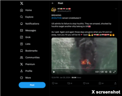 Screenshot of July 29, 2024, X post which uses footage from the 2021 X-Press Pearl container ship disaster to falsely imply the Houthis successfully struck a U.K. Navy ship.