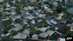 This aerial view shows floodwater in Beledweyne, central Somalia, on May 12, 2023.