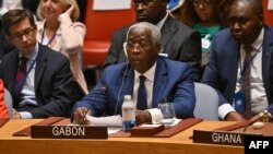 Le Premier ministre gabonais Raymond Ndong Sima lors d'une réunion du Conseil de sécurité sur la situation en Ukraine, le 20 septembre 2023.