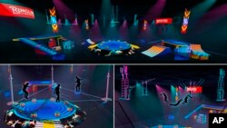 This combination of photos shows art renderings for the reimagined Ringling Bros. and Barnum & Bailey circus, reborn without animals. (Ringling Bros and Barnum and Bailey via AP)