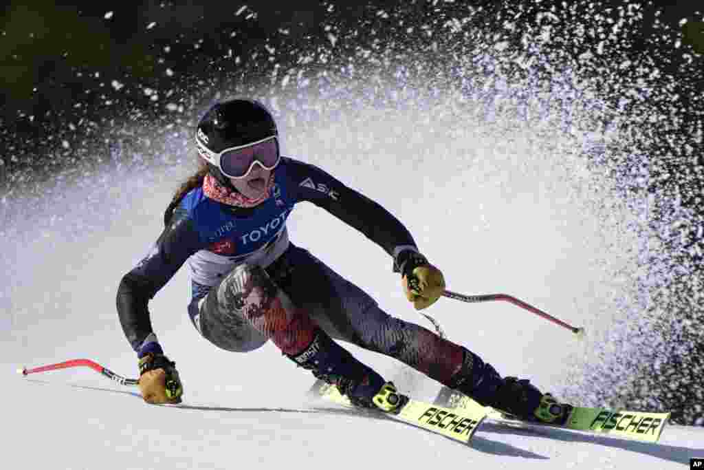 Katie Grzelak competes during a women's super-G skiing race, March 20, 2024, during the U. S. Alpine Championships at the Sun Valley ski resort in Ketchum, Idaho.