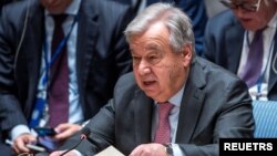 18일 안토니우 구테흐스 유엔 사무총장이 미국 뉴욕 유엔 본부에서 열린 안전보장이사회 회의에서 발언하고 있다.