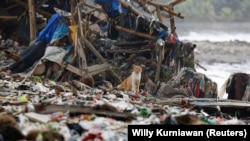 Seekor kucing terlihat di antara sampah yang sebagian besar berupa sampah plastik dan rumah tangga, di sebuah pantai di perkampungan nelayan Teluk, Pandeglang, Banten, 15 Maret 2024. (Foto: REUTERS /Willy Kurniawan)