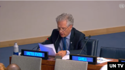 브루스 터너 미국 군축 대사가 25일 열린 유엔총회 1위원회 회의에서 발언하고 있다.