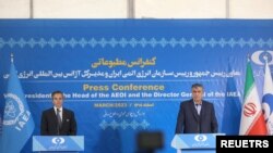 کنفرانس خبری رافائل گروسی مدیرکل آژانس بین‌المللی انرژی اتمی و محمد اسلامی رئیس سازمان انرژی اتمی