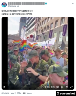 Footage using Swedish service members participating in a Pride parade to characterize the military as “weak” and not a NATO asset; Photo credit: X