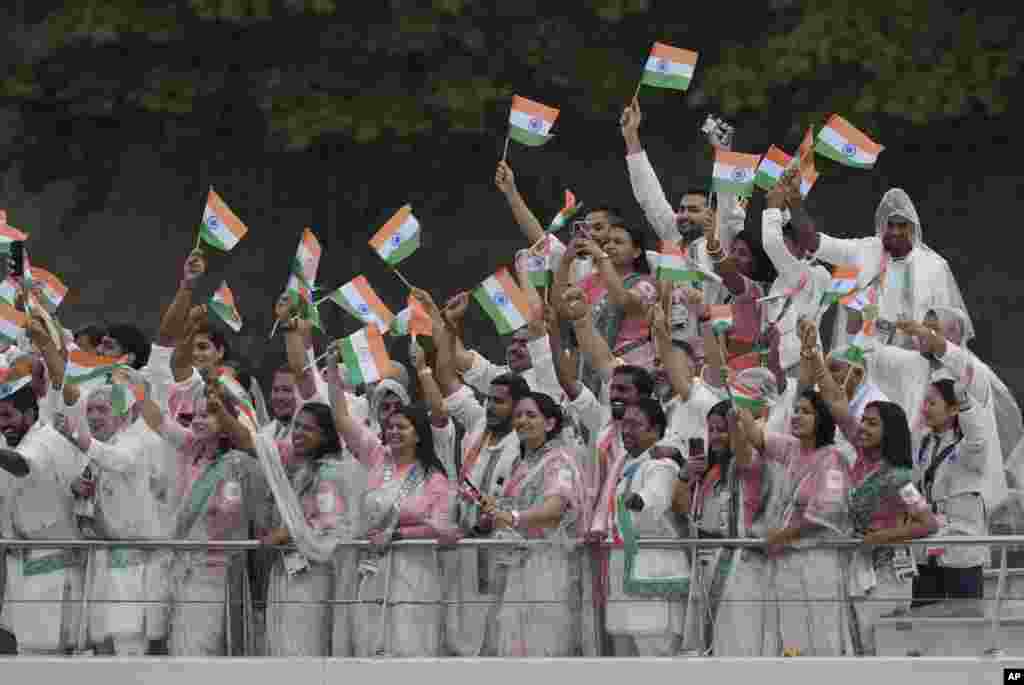 The boat carrying Team India makes its way down the Seine in Paris, during the opening ceremony of the 2024 Summer Olympics, July 26, 2024.