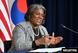 17일 린다 토머스-그린필드 주유엔 미국대사가 서울 용산구 아메리칸 디플로머시 하우스에서 가진 기자회견 중 발언하고 있다.