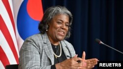 지난 4월17일 한국을 방문한 린다 토머스-그린필드 주유엔 미국대사가 서울 용산구 아메리칸 디플로머시 하우스에서 기자회견 중 발언하고 있다.