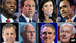 Smjerom kazaljke sata od lijevo gore: senator Tim Scott, guverner Ron DeSantis, bivša guvernerka Nikki Haley, Vivek Ramaswami, bivši guverner Asa Hutchinson, guverner Doug Burnum, bivši potpredsjednik Mike Pence, bivši guverner Chris Christie.