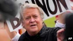 Steve Bannon speaks outside the Federal Correctional Institution, July 1, 2024, in Danbury, Connecticut. Bannon surrendered to begin a four-month sentence on contempt charges for defying a subpoena in the congressional probe of the U.S. Capitol attack.