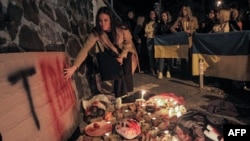 FILE - People demonstrate outside the Iranian Embassy in Ukraine on Oct. 17, 2022, in Kyiv, after the city was hit by swarms of kamikaze drones sold by Iran to Russia, leaving at least three dead. 