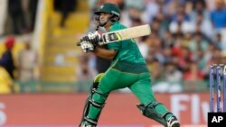 FILE - Pakistan's Khalid Latif bats during cricket match in Mohali, India, March 25, 2016. Dutch prosecutors demanded a 12-year prison sentence Tuesday for Latif, accused of incitement to murder firebrand anti-Islam Dutch lawmaker Geert Wilders.