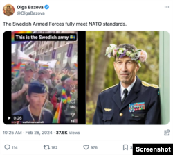 Footage using Swedish service members participating in a Pride parade to characterize the military as “weak” and not a NATO asset; Photo credit: X