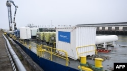 Equipment on a barge for UCLA's SeaChange climate change carbon removal project at the Port of Los Angeles in San Pedro, California on April 12, 2023.