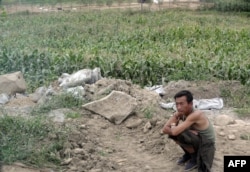 북한 주민이 나선시 외곽에 있는 자신의 밭 옆에 앉아있다. (자료화면)