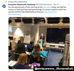 توییت ریتوییت شده توسط انریکه مورا درباره برگزاری جلسه‌ای با موضوع برجام و روابط با ایران