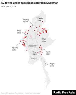 Map showing 52 towns under control by opposition groups in Myanmar