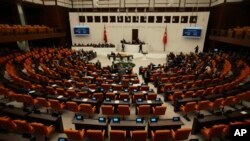 FILE - Turkey's parliament chamber is seen after lawmakers voted in favor of Finland's bid to join NATO, in Ankara, March 30, 2023. Turkey's legislature is expected to soon vote on Sweden's accession to the alliance.