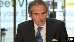 Director General of the International Atomic Energy Agency (IAEA) Rafael Grossi speaks to the media upon returning from his official visit to the Islamic Republic of Iran, on May 7, 2024, at the Vienna airport in Vienna, Austria. 