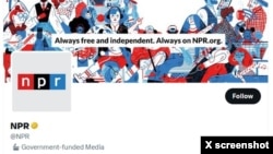 The Twitter profile of National Public Radio, which on April 10, 2023, is marked as "Government-funded Media," a change from having been marked "state-affiliated media" days earlier. VOA and BBC have a similar label