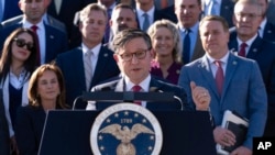 FILE — House Speaker Mike Johnson of Louisiana speaks at the Capitol in Washington, Oct. 25, 2023. Johnson has spent days in talks with members of his Republican party about several continuing resolutions options.
