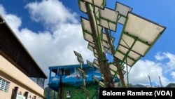 A few steps from its headquarters, Casa Pueblo built a Solar Forest that serves as an energetic oasis for the community when the power goes out. (Salome Ramirez/VOA)